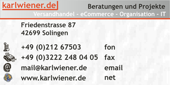 karlwiener.de - Beratungen und Projekte - Versandhandel, eCommerce, Organisation und IT, Friedenstrasse 87, 42699 Solingen - für automatische Mail bitte anklicken